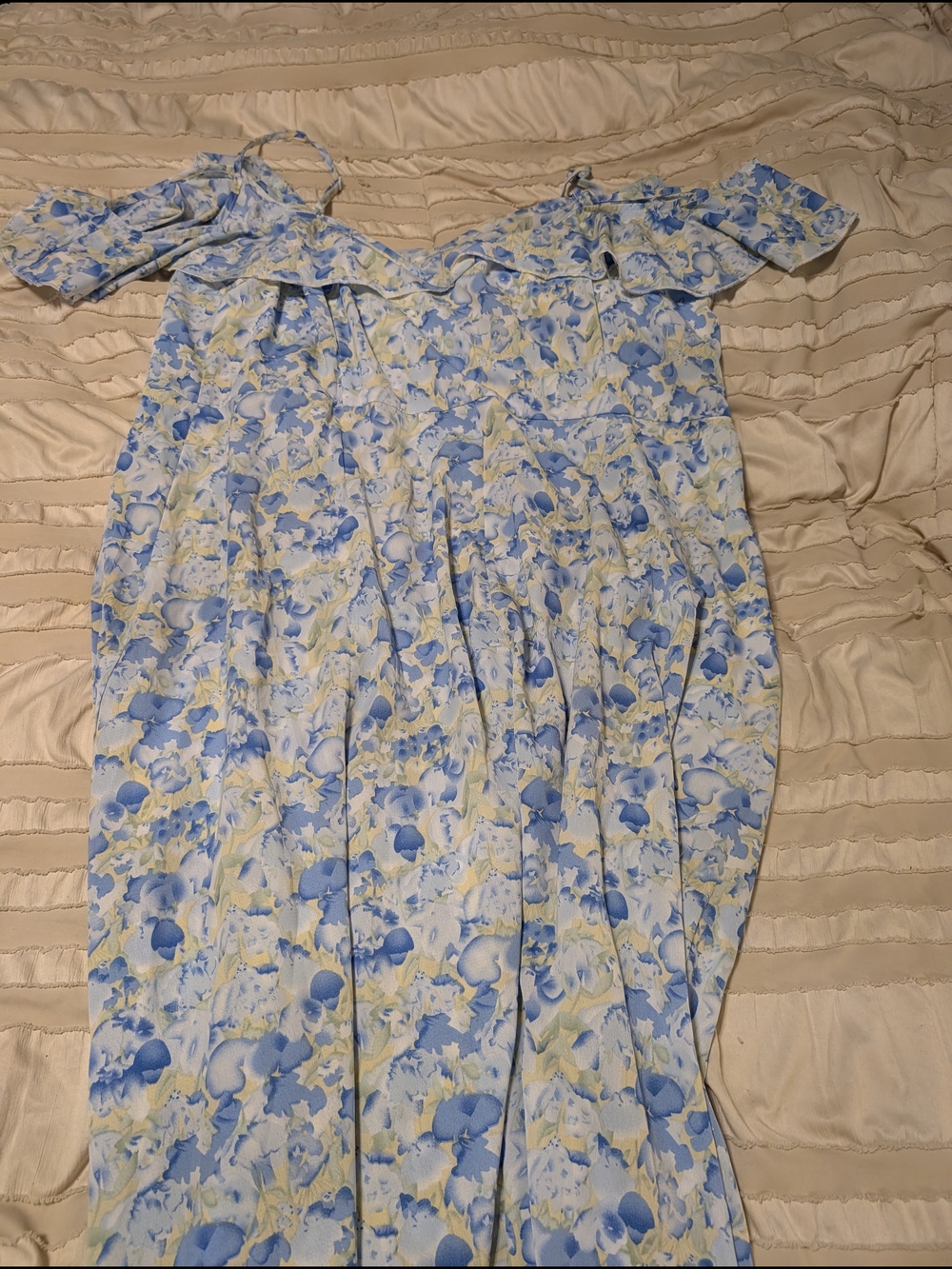 SHEIN Blue and White Floral Off-Shoulder Dress